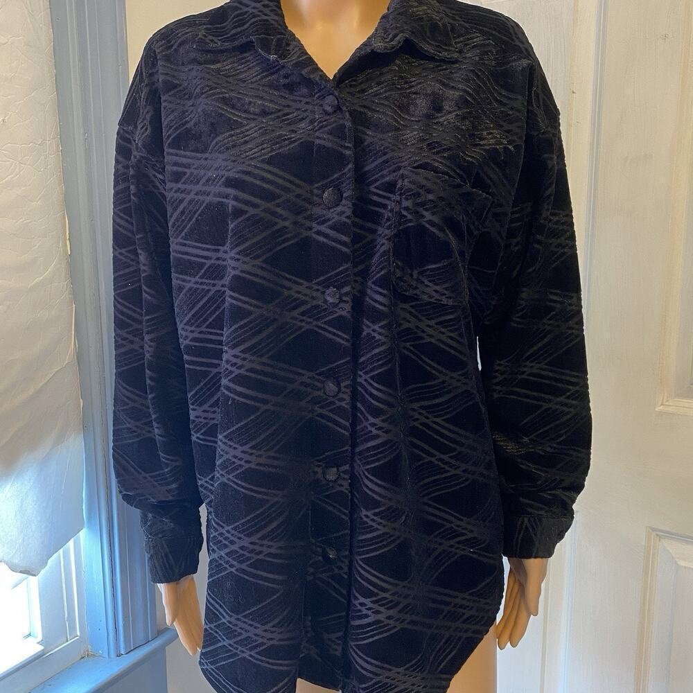 Vintage White Stag Women Sz L Button Up Shirt Black Velvet Burnout Long Sleeves
